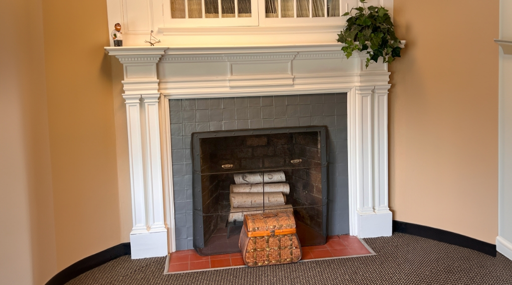 Fireplace in dental office waiting room